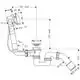 Technisches Diagramm eines hansgrohe Wanneneinlauf- und Ablaufsets mit verschiedenen Rohrdimensionen und Anschlussdetails, dargestellt in einer schematischen Zeichnung.